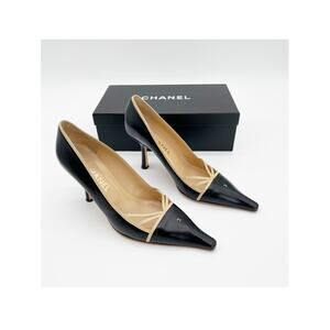 Chanel Vintage Black Leather Pumps Beige Crisscross Straps Micro CC Heels EU 40